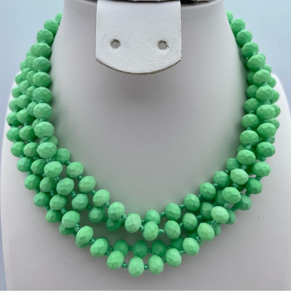 Green Faceted Glass Bead Hand Knotted Necklace 30”